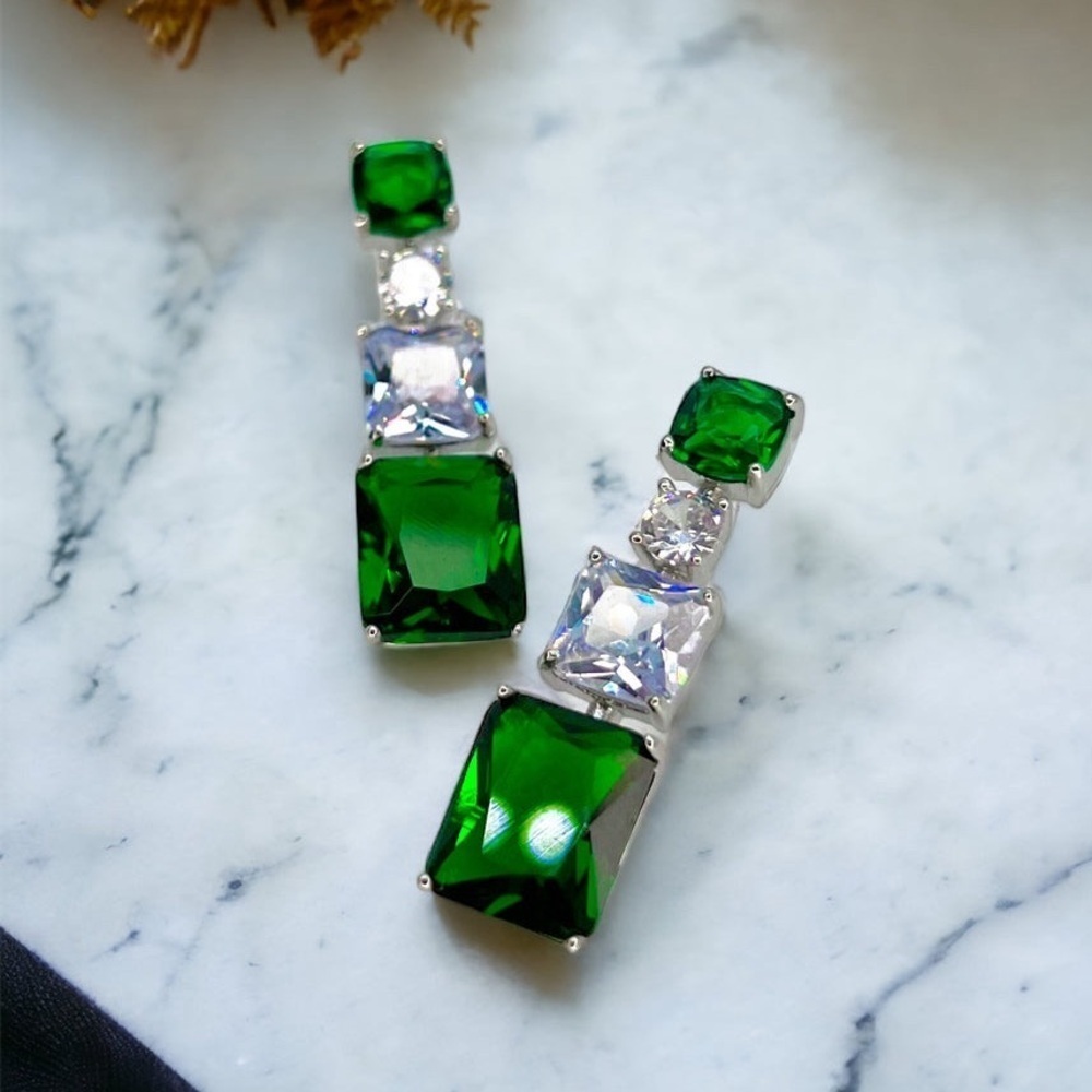 Emerald Green Rhinestone Drop Earrings Sparkly Crystal Dangle St Patrick’s Day